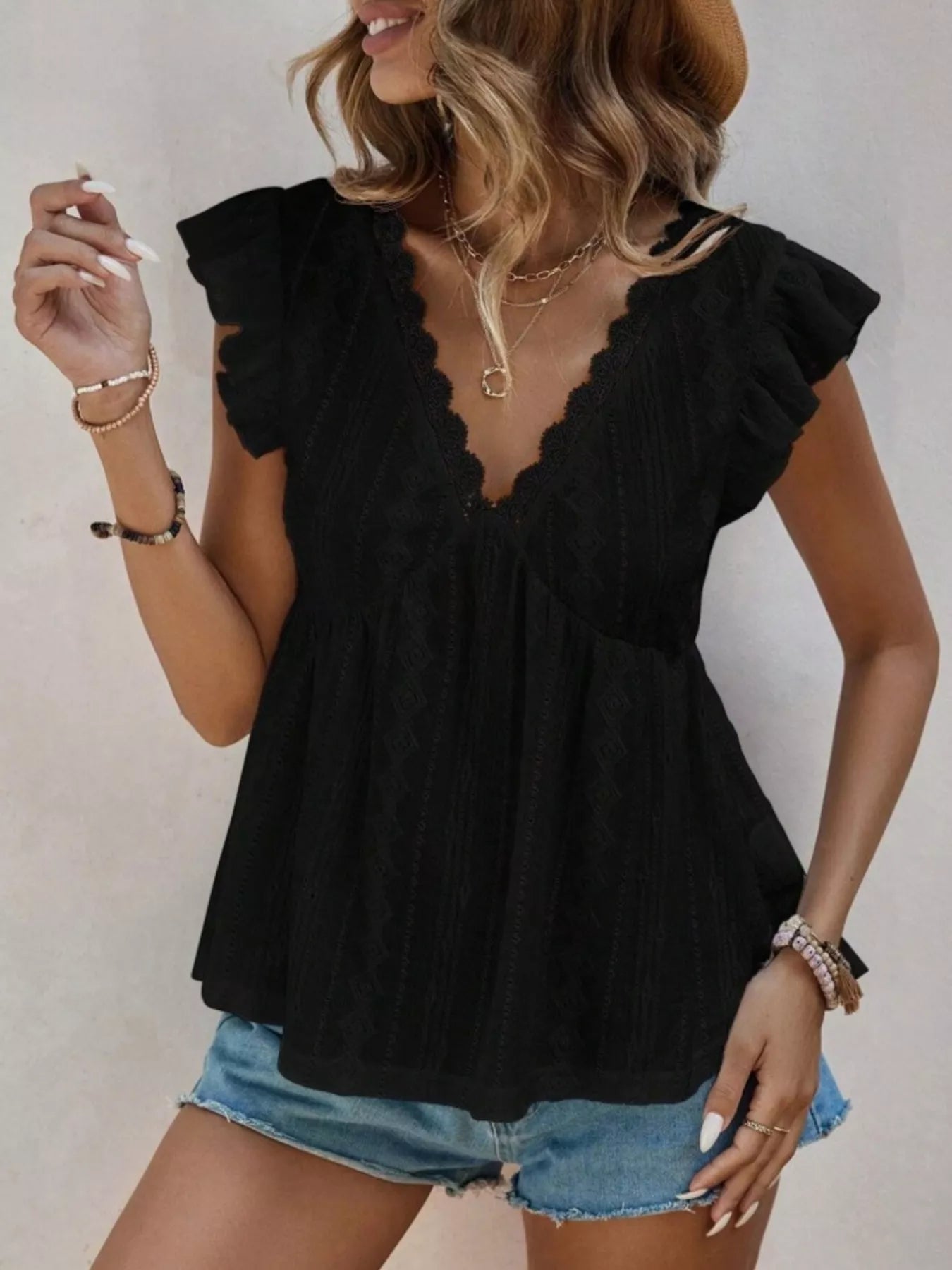 Ruffle Sleeve V-Neck Blouse