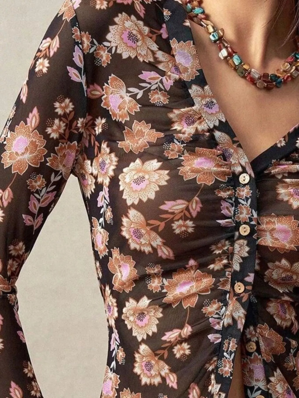 Printed Flare Sleeve Button Down Top