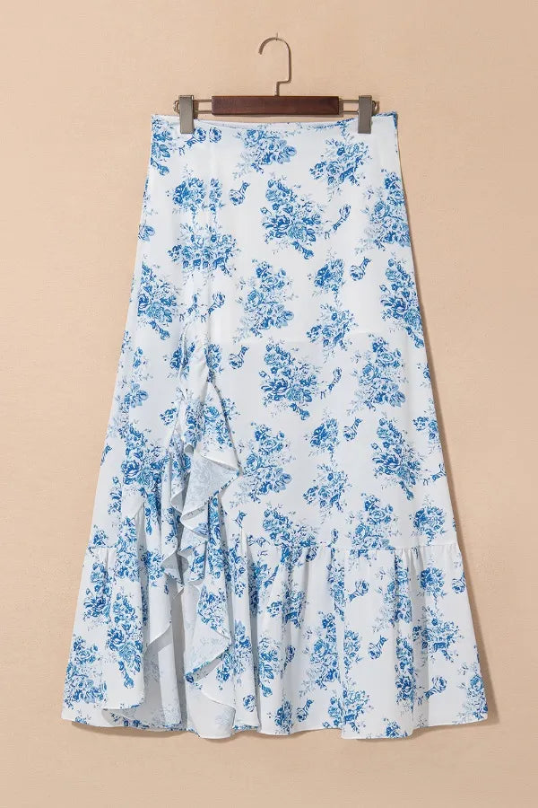 Asymmetrical Ruffle Printed Skirt with Split Hem