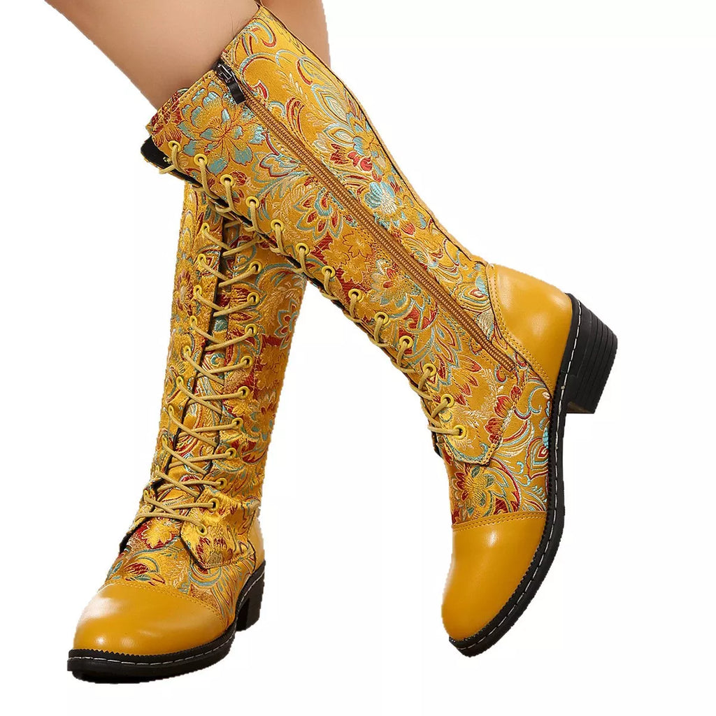 Embroidered Lace-Up Block Heel Boots