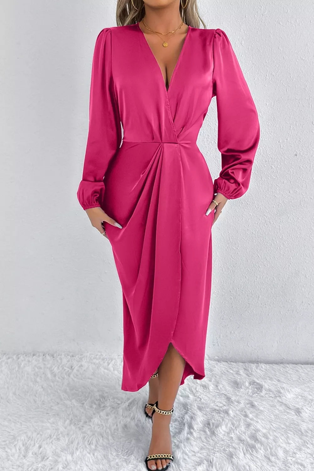 Satin Balloon Sleeve Midi Dress