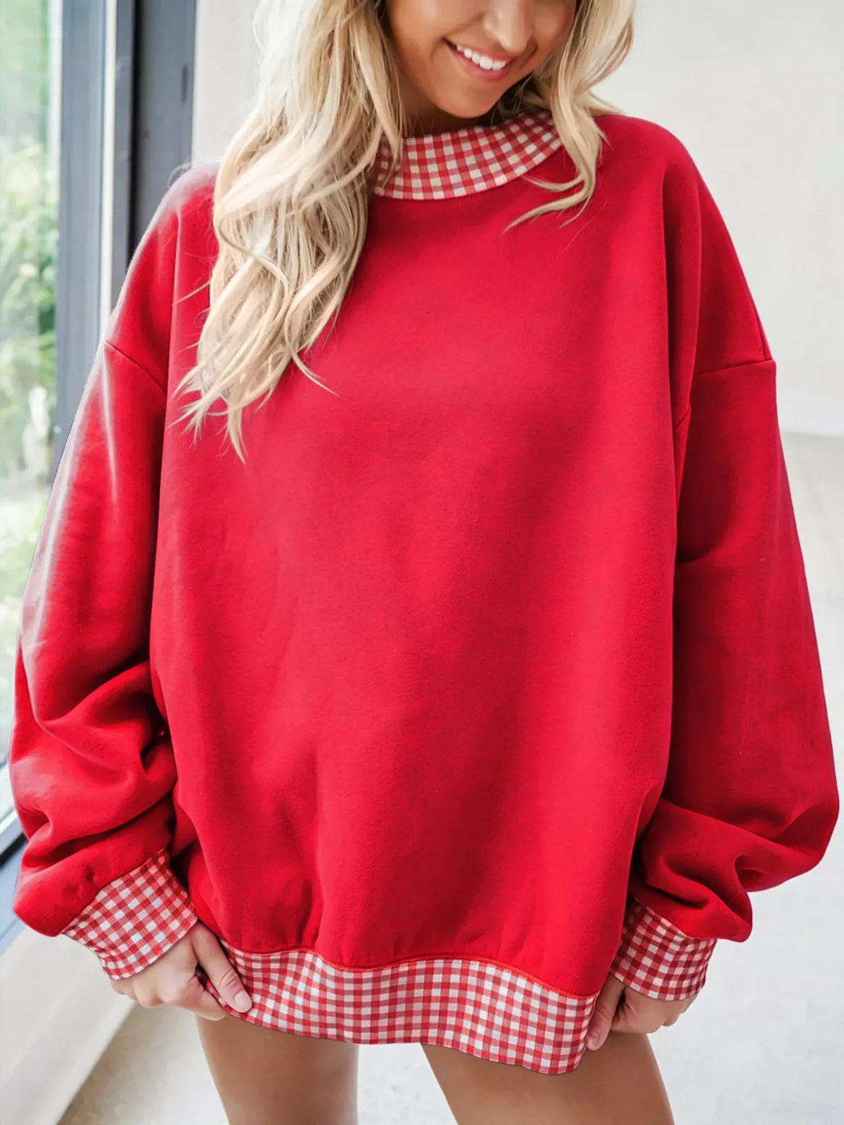 Gingham Trim Dropped Shoulder Sweatshirt