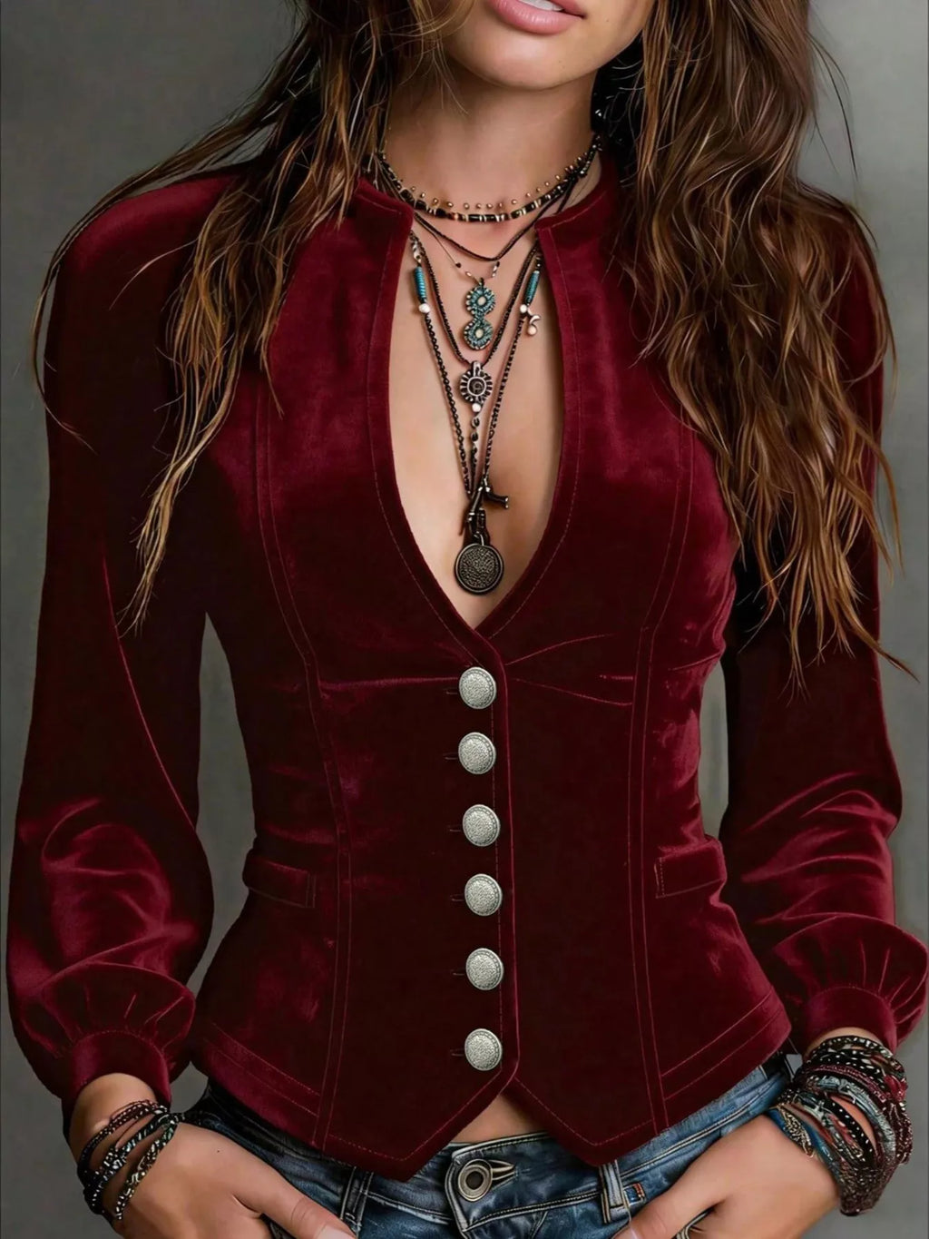 Button Down Plunge Velvet Shirt