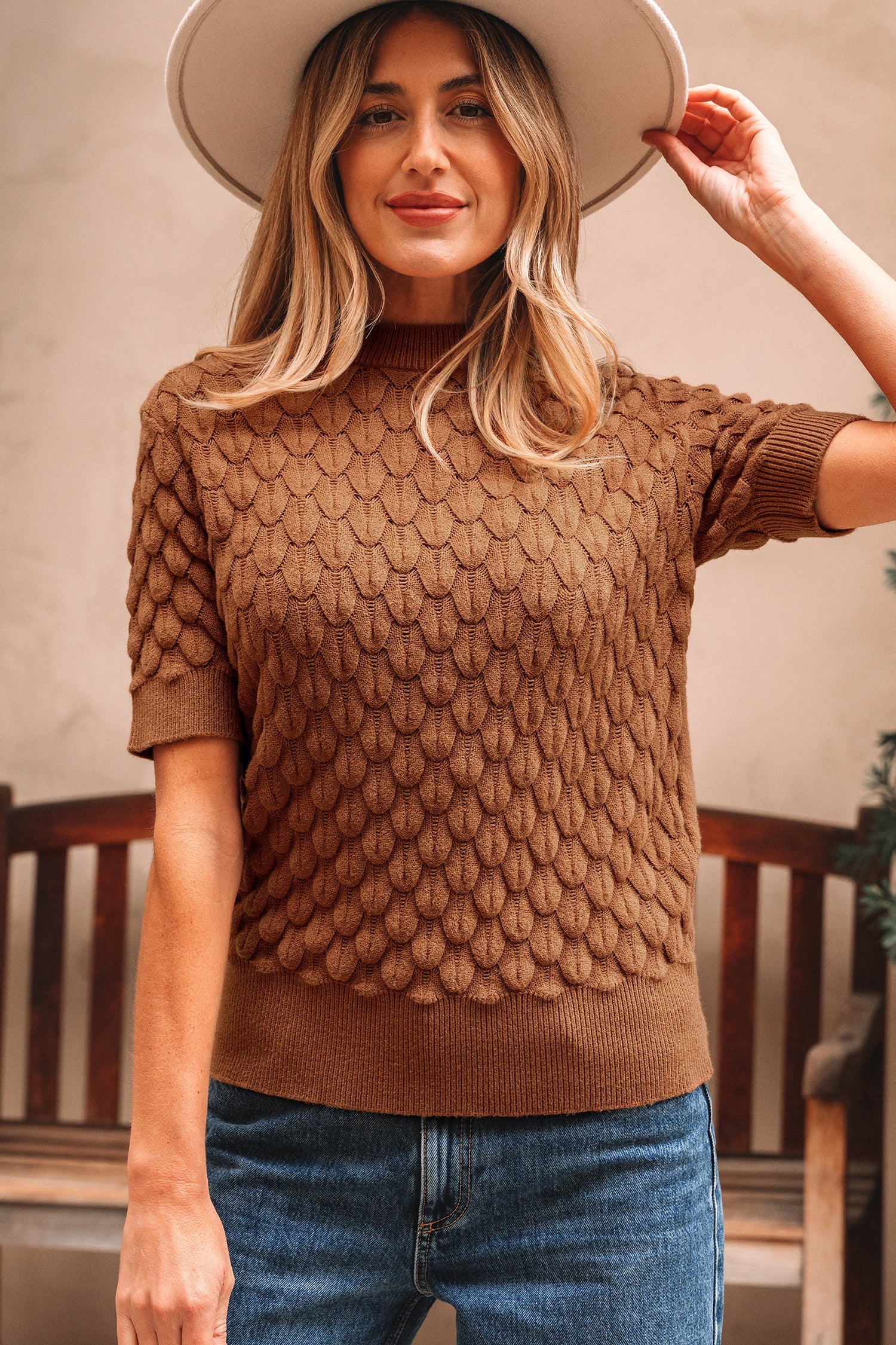 Straw Yellow Fish Scale Textured Knit Ribbed Crew Neck Short Sleeve Sweater
