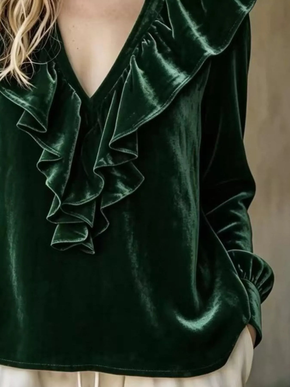Full Size Velvet Ruffle V-Neck Blouse Plus Size
