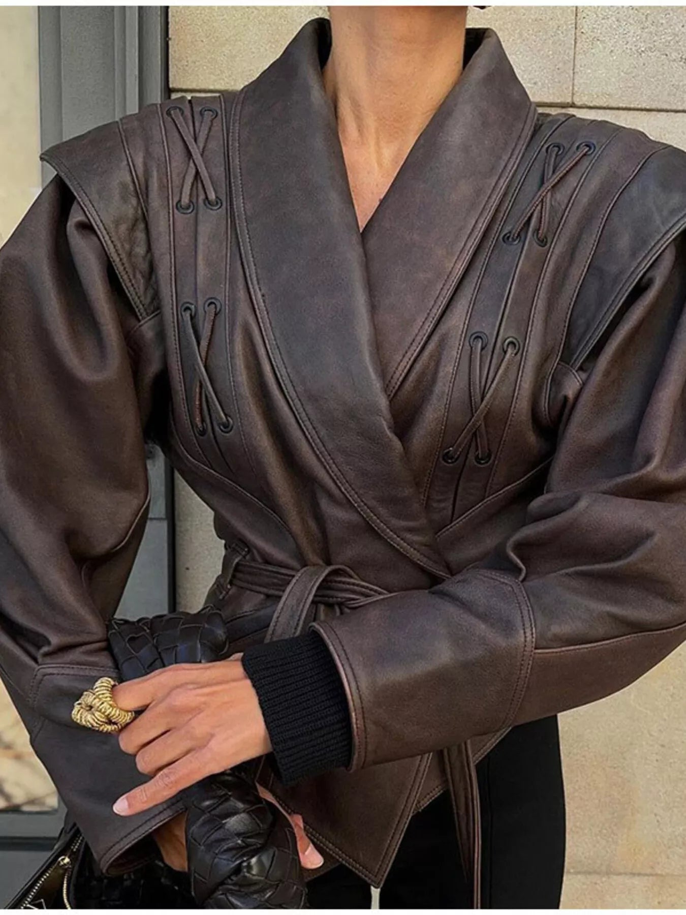 Belted Leather Jacket with Shawl Collar