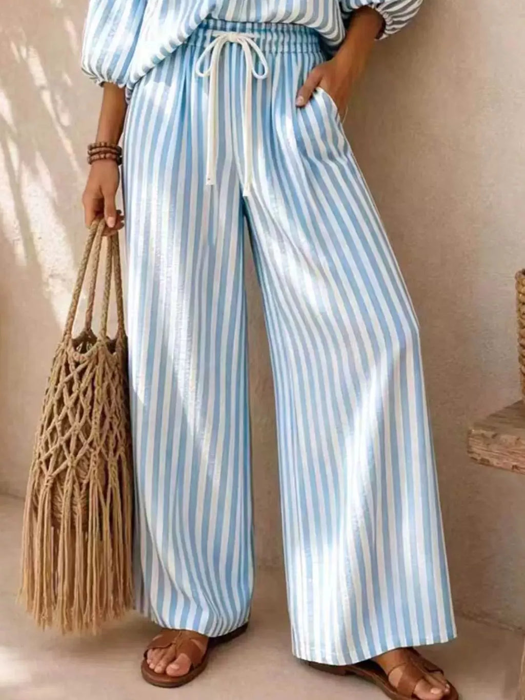 Full Size Striped Puff Sleeve Shirt and Wide-Leg Drawstring Pants Set Plus Size