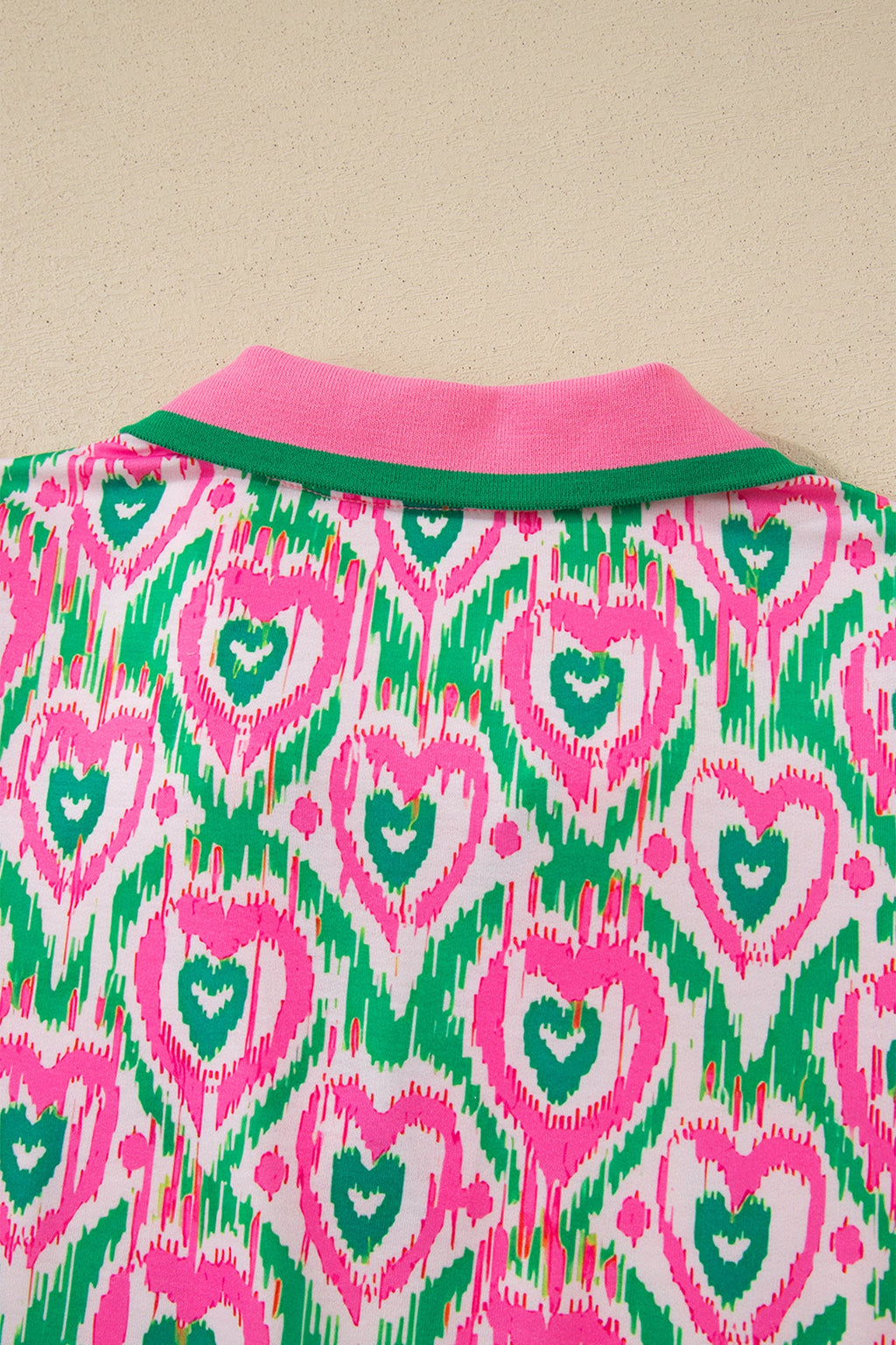 Green Abstract Heart In Heart Print Striped Trim Polo Collar Short Sleeve Blouse