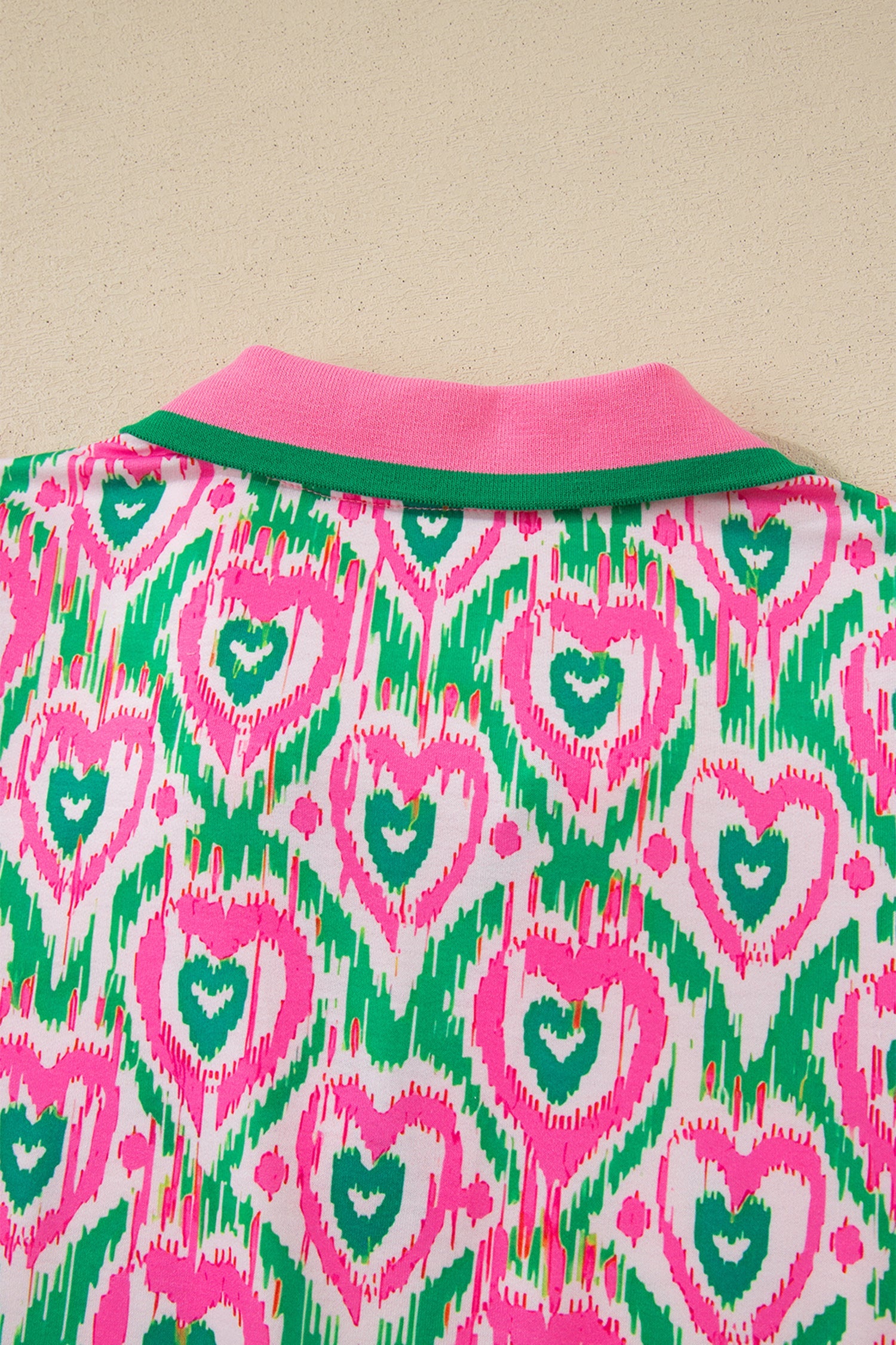 Green Abstract Heart In Heart Print Striped Trim Polo Collar Short Sleeve Blouse
