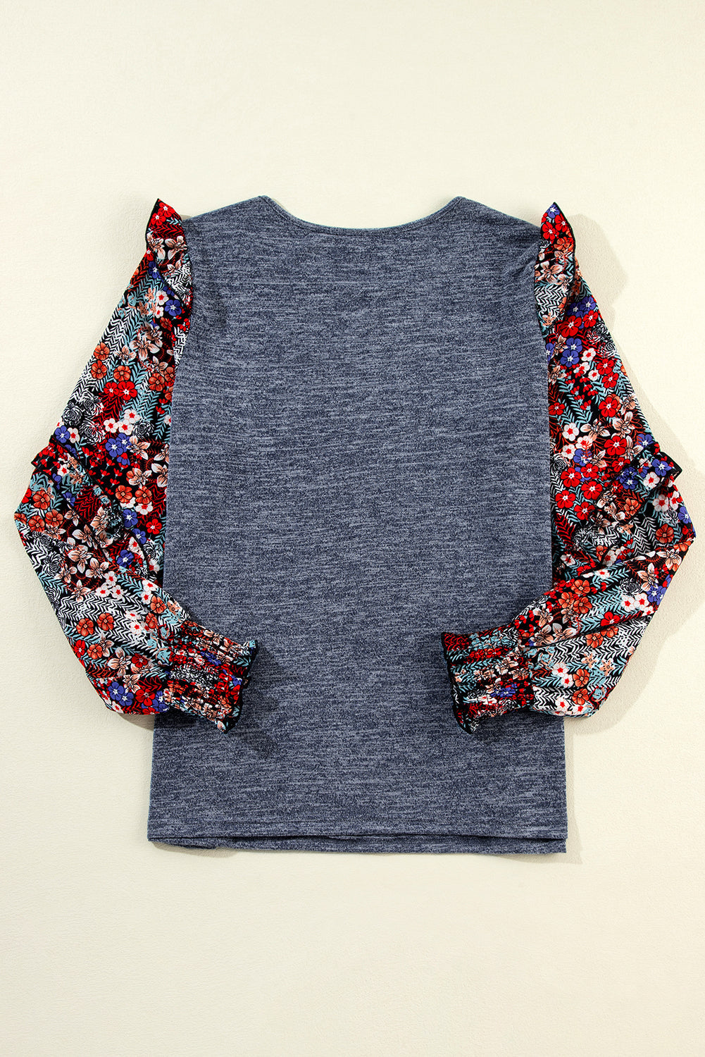 Floral Patchwork Ruffle Tiered Sleeve Crewneck Blouse