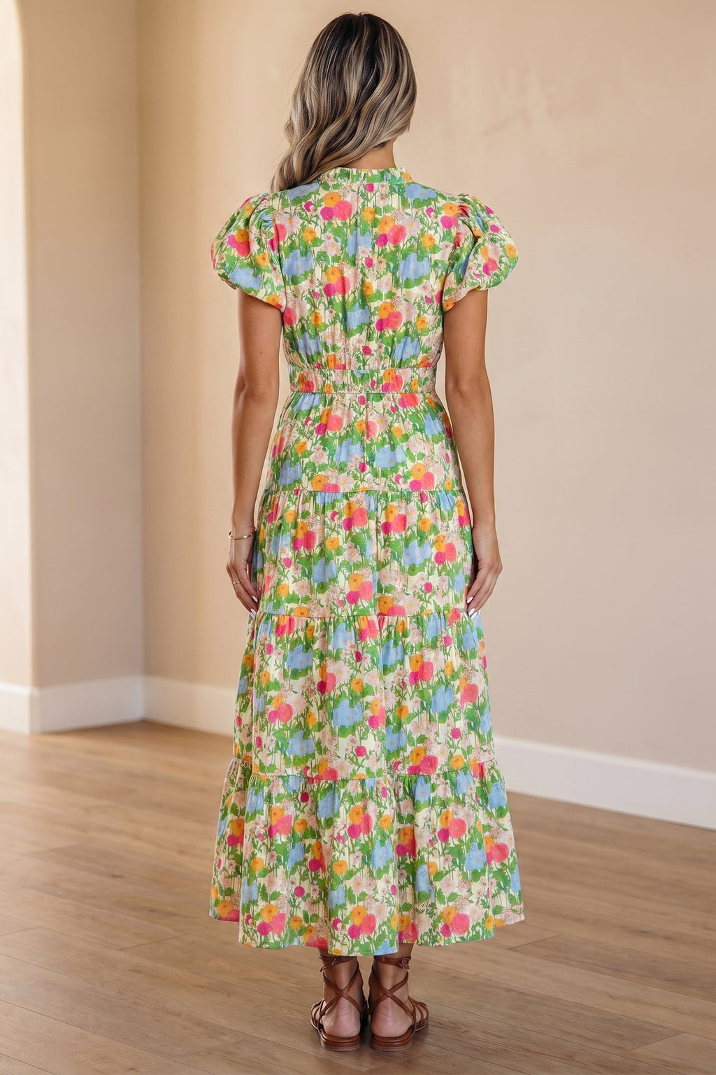 Green Floral Print V Neck Short Puff Sleeve Cotton Maxi Dress