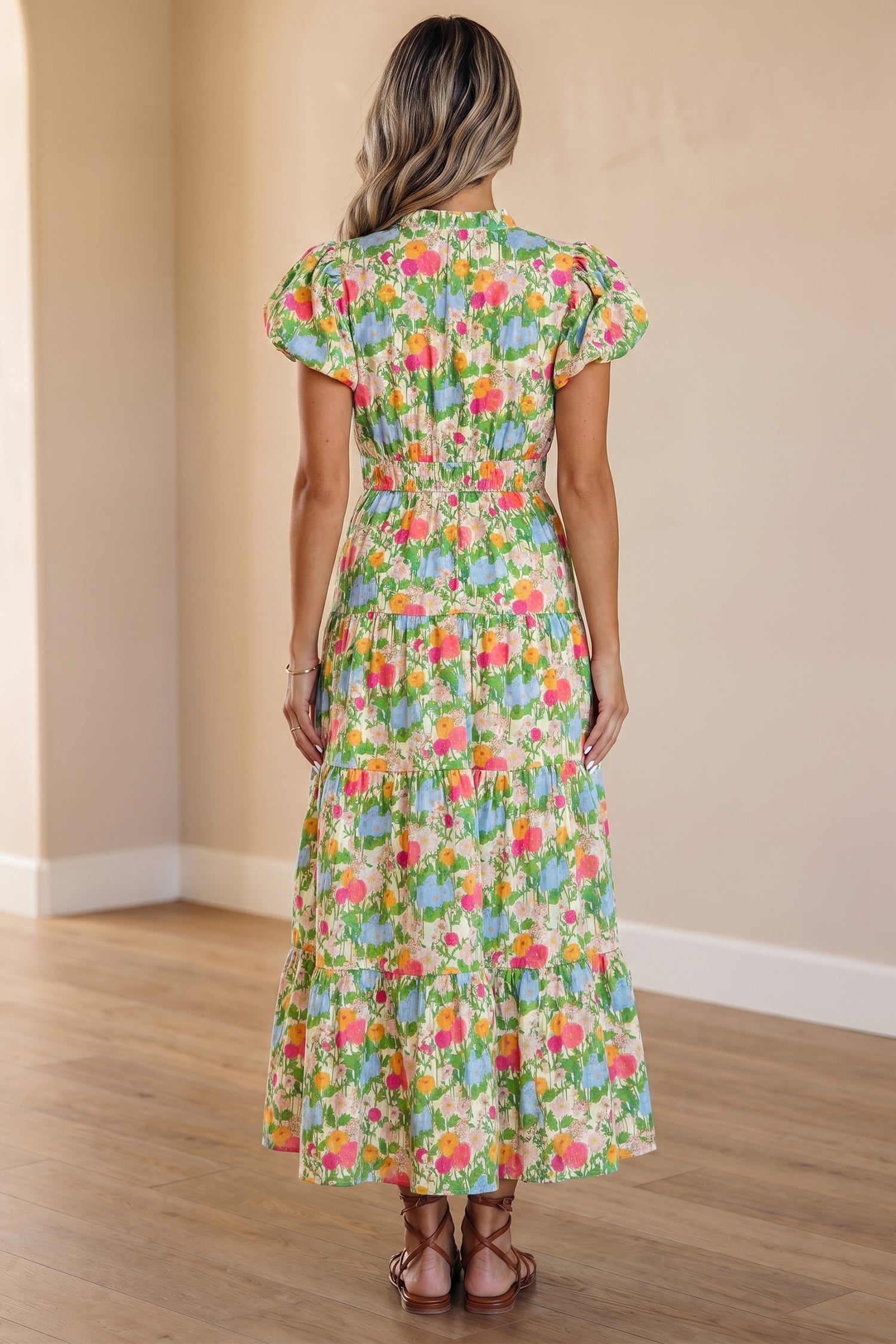 Green Floral Print V Neck Short Puff Sleeve Cotton Maxi Dress