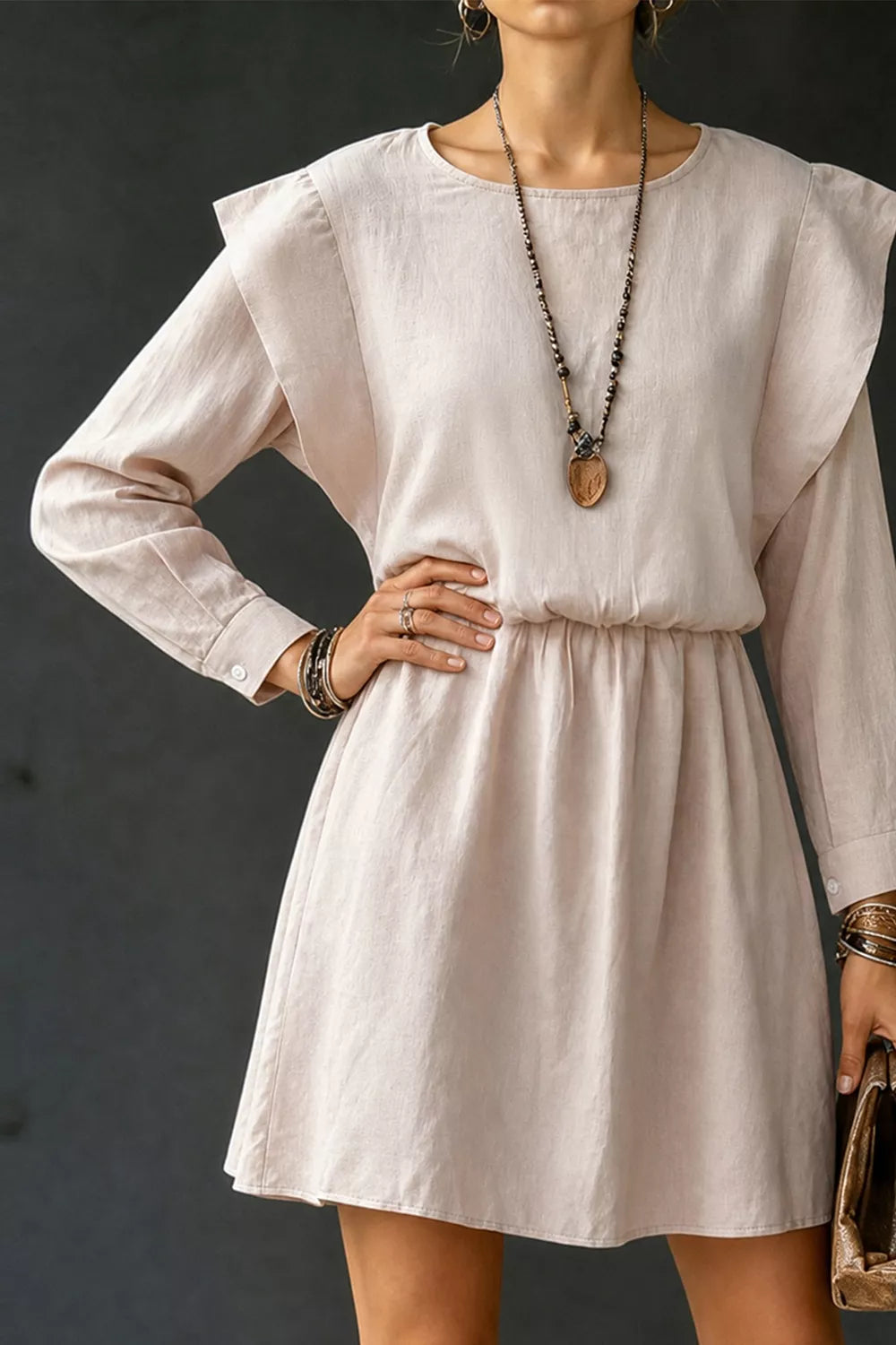 Ruffled Round Neck Long Sleeve Dress