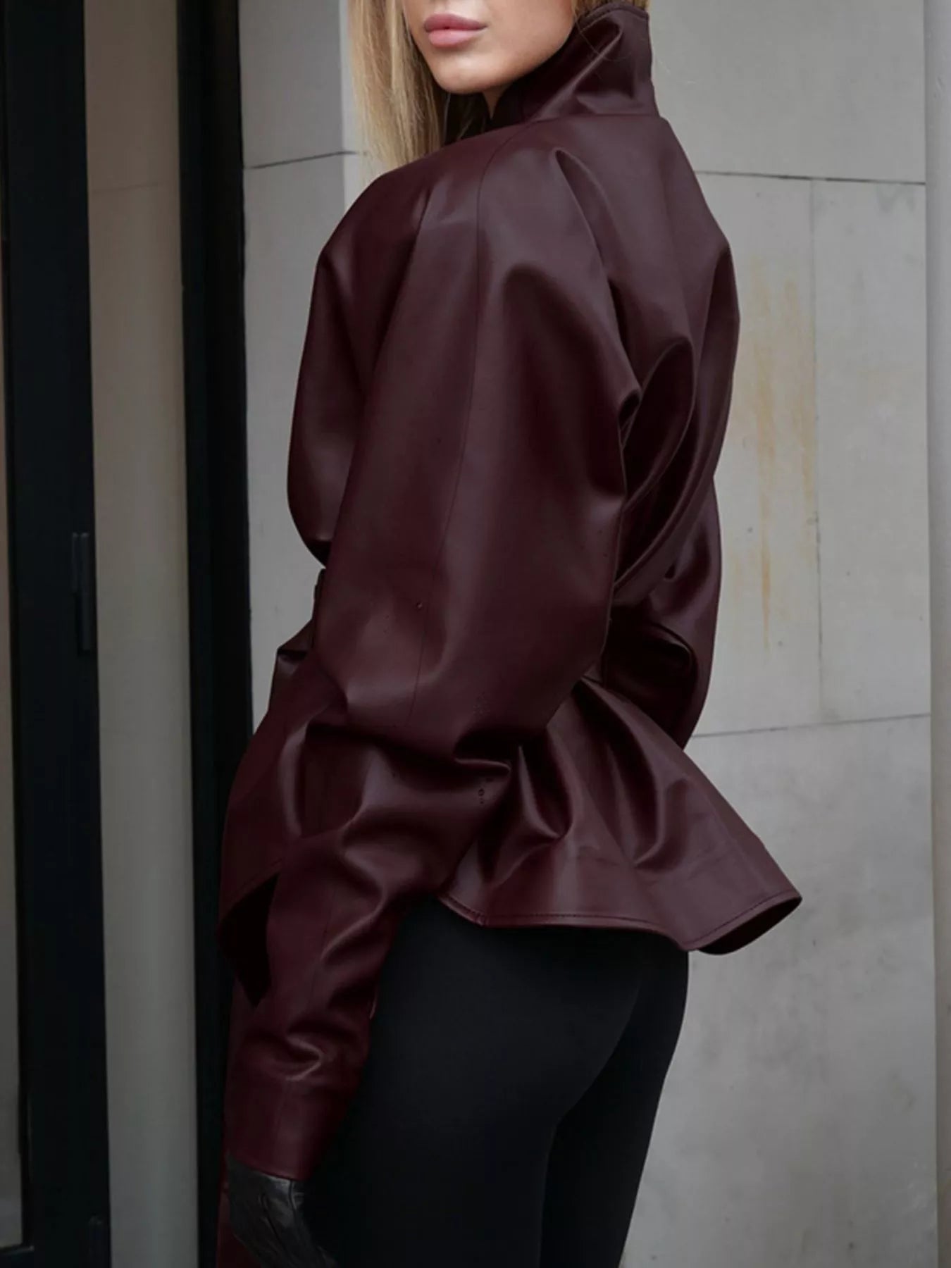 Stand Collar Belted Faux Leather Jacket