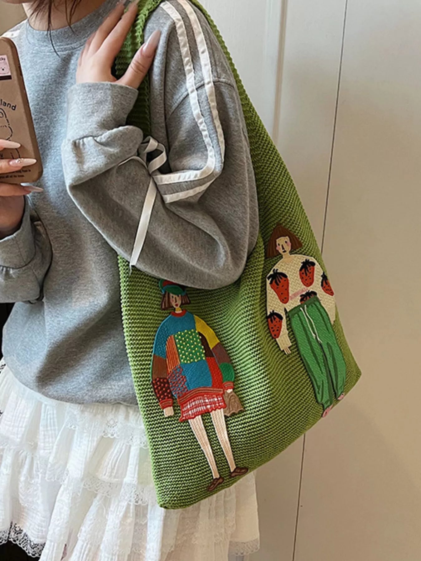 Knitted Embroidered Shoulder Bag