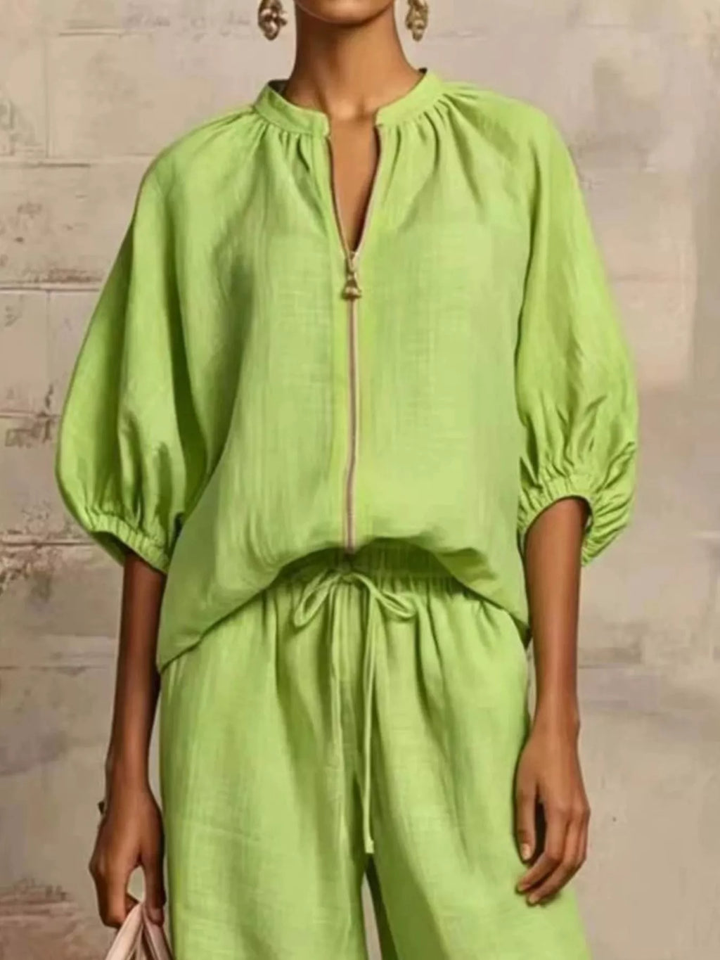 Full Size Zip-Front Top and Wide-Leg Pants Set Plus Size