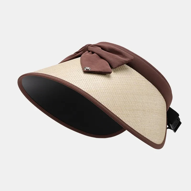 Adjustable Woven Straw-Look Sun Hat with Bow and Visor