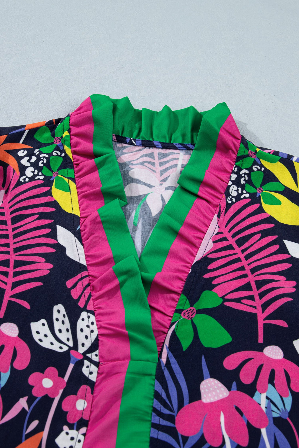 Rose Floral Print Frilled Contrast Striped Trim V Neck Short Sleeve Blouse