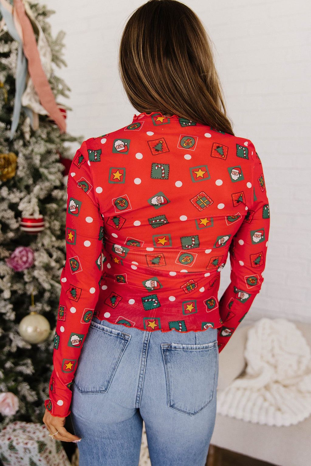 Fiery Red Christmas Elements Printed Long Sleeve Sheer Mesh Top