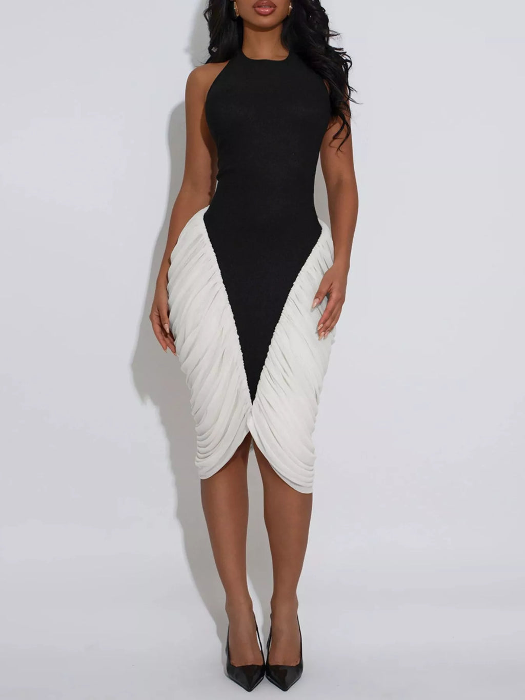 Two-Tone Sleeveless Ruched Midi Dress