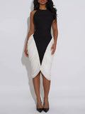 Two-Tone Sleeveless Ruched Midi Dress