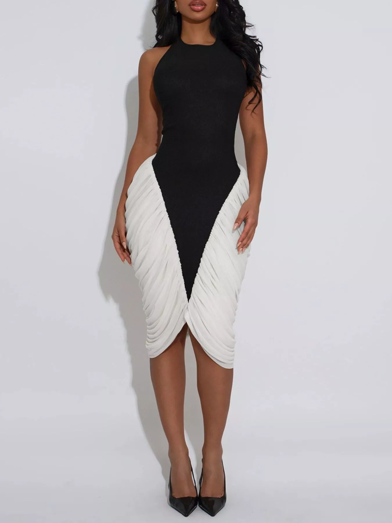 Two-Tone Sleeveless Ruched Midi Dress