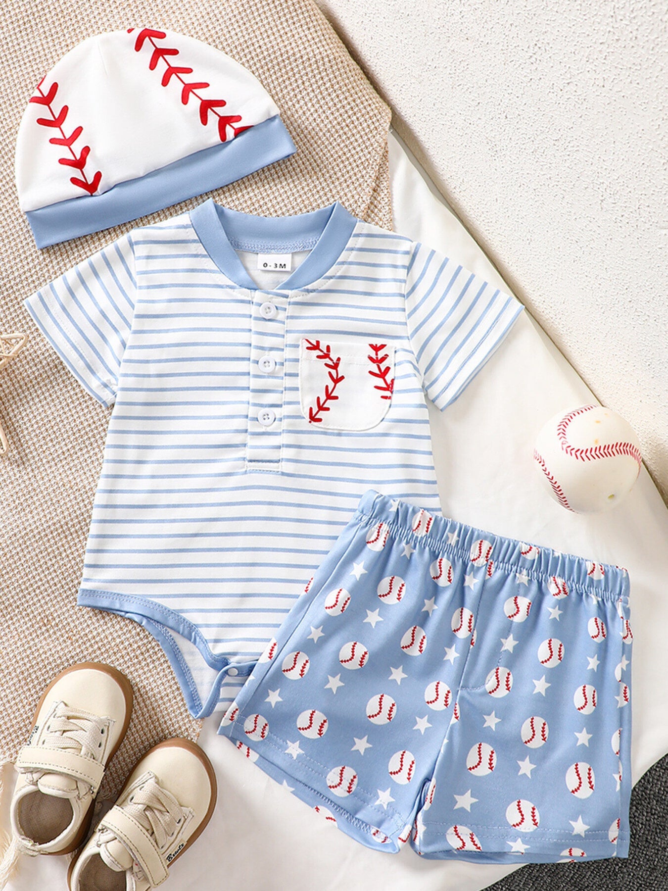 Children's Striped Bodysuit & Baseball Print Shorts & Hat 3-Piece Set