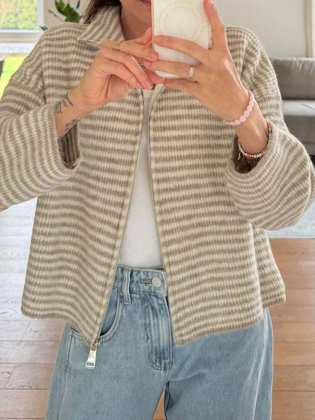Striped Zip-Up Knit Cardigan