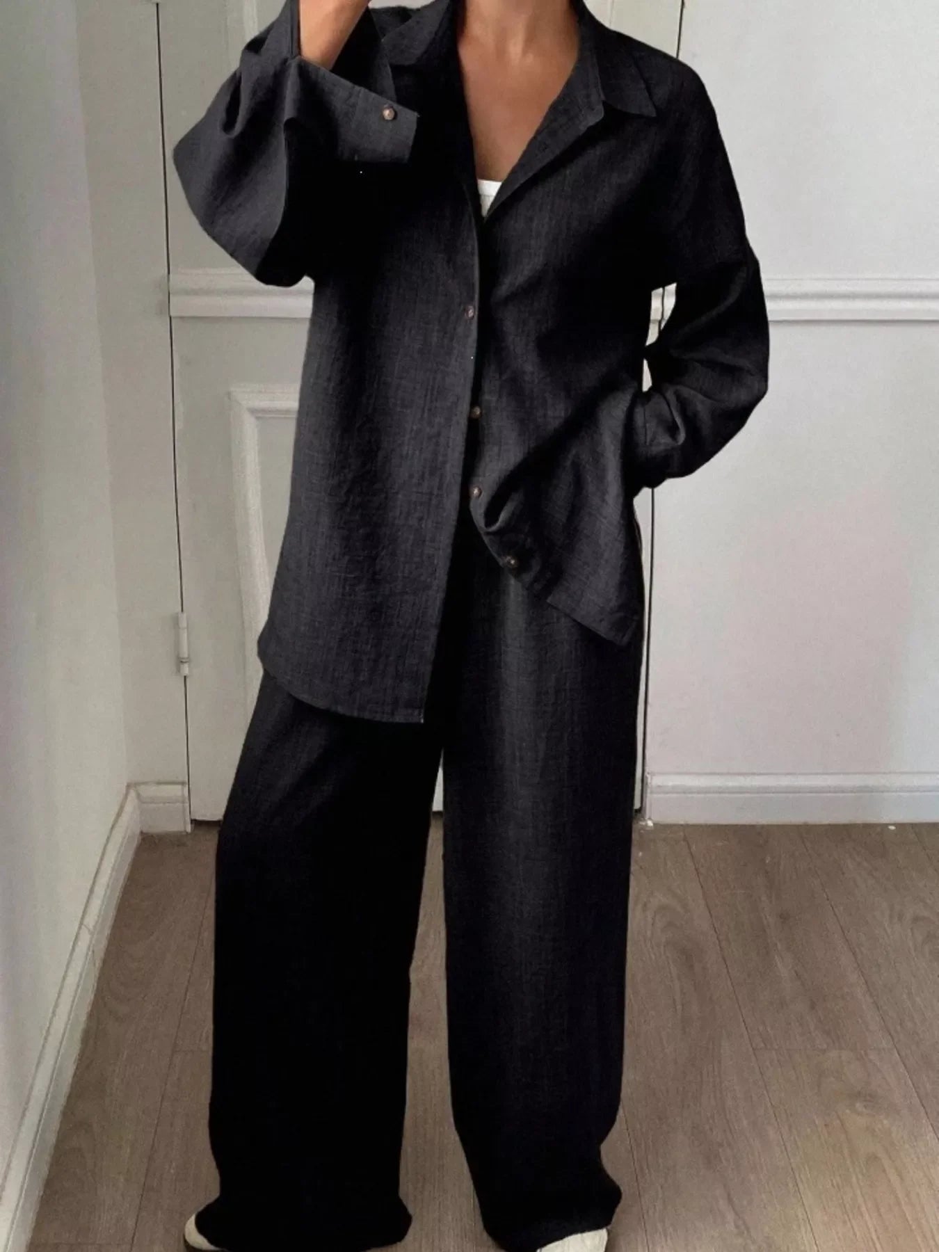 Button-Down Shirt and Wide-Leg Pants Set