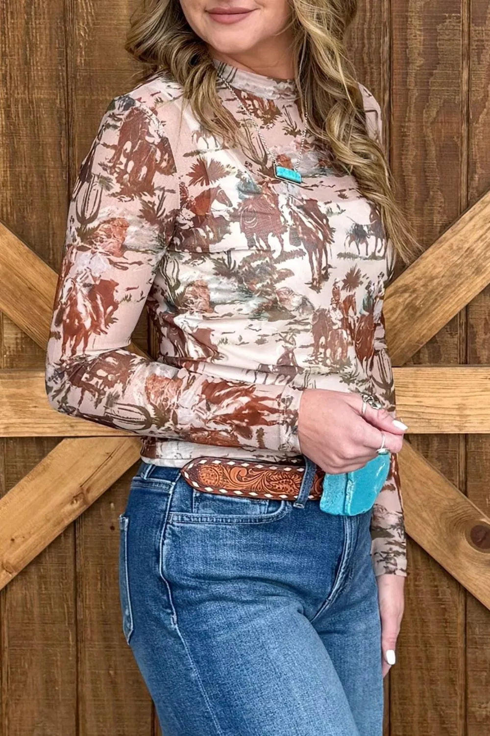 Western Scene Mesh Long Sleeve Top