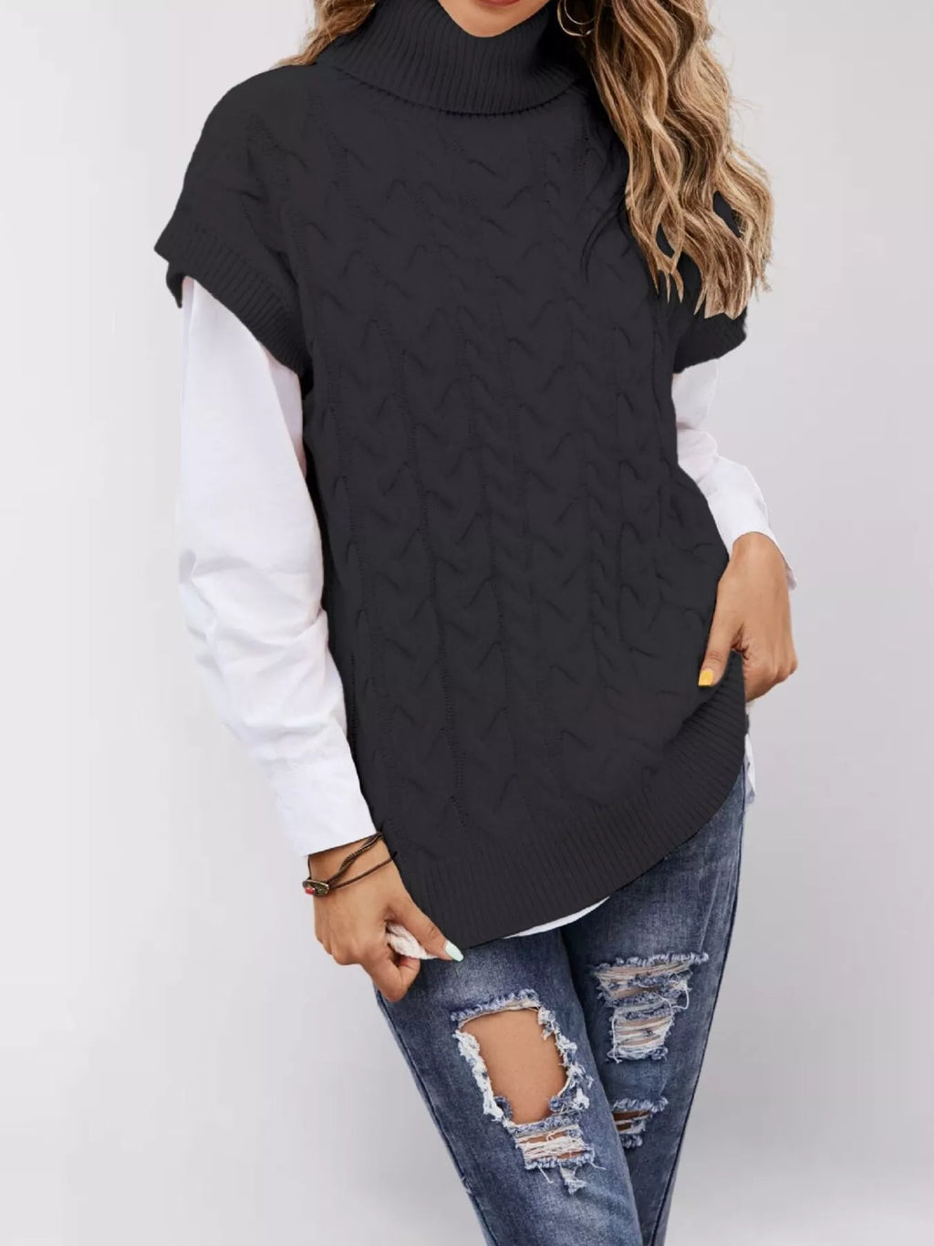 Chunky Knit Turtleneck Cap Sleeve Sweater