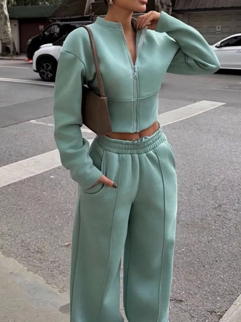 Zip-Up Crop Jacket and Wide-Leg Pants Set