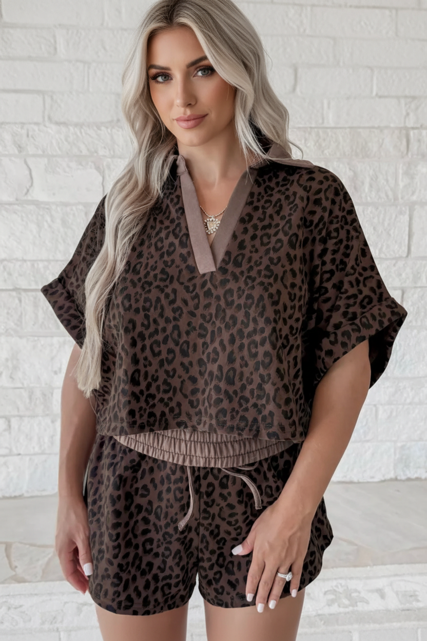 Leopard Collared V-Neck Top & Shorts Set