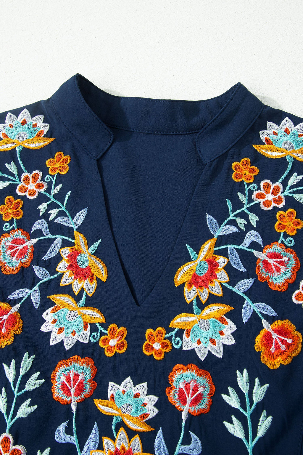 Dirty Blue V Neck Ruffled Sleeve Floral Embroidered Detail Babydoll Blouse