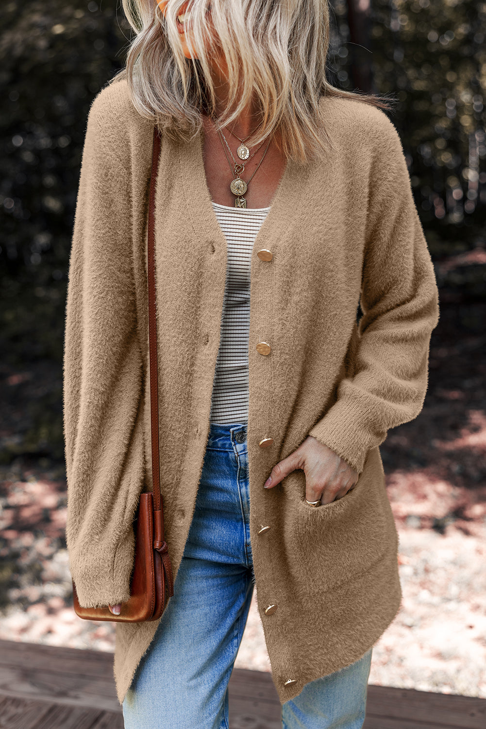 Solid Fuzzy Button-Front Cardigan