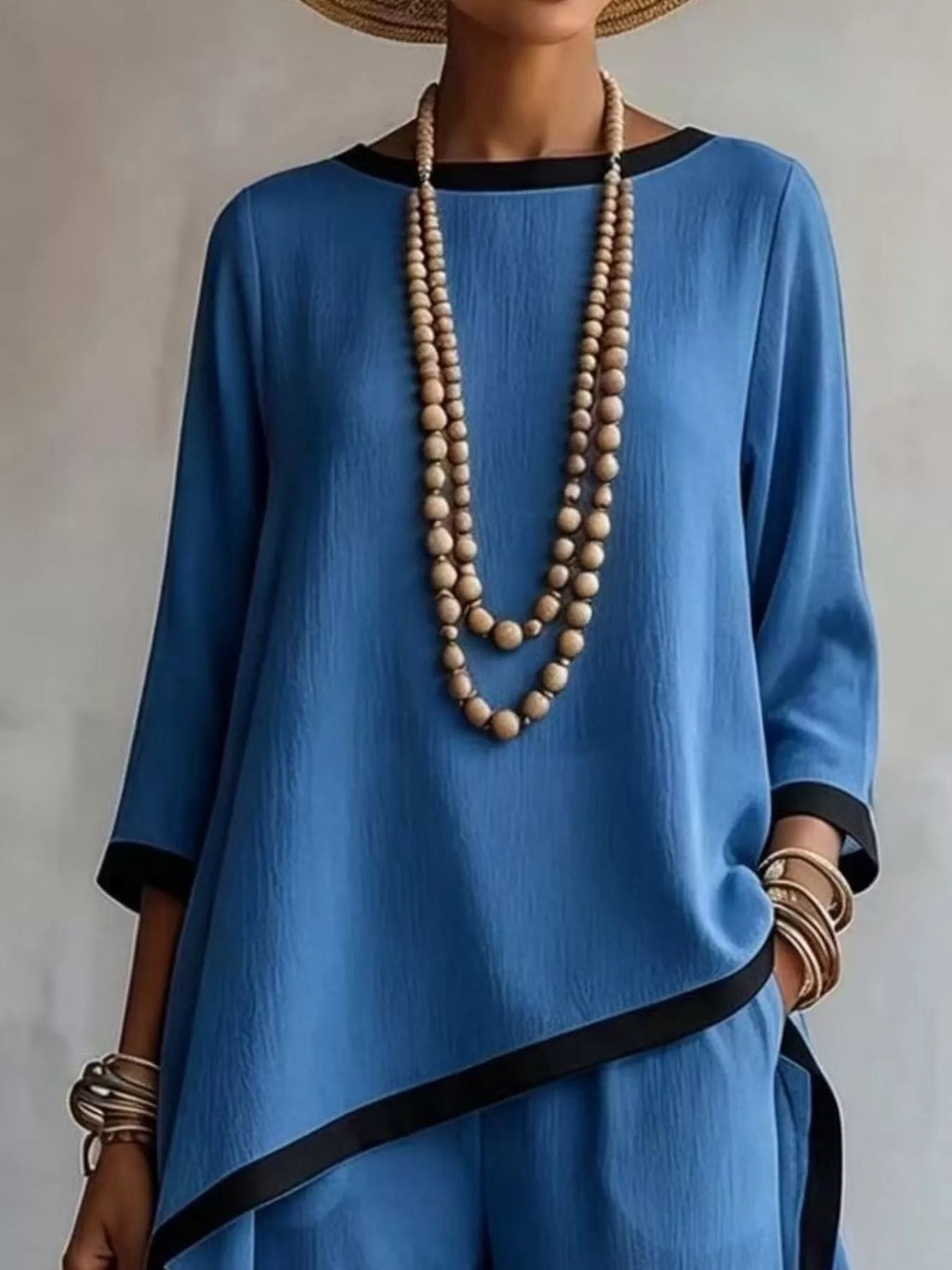 Full Size Contrast Trim High-Low Top and Pants Set Plus Size