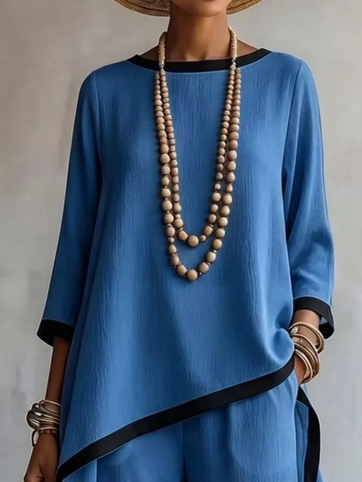 Full Size Contrast Trim High-Low Top and Pants Set Plus Size