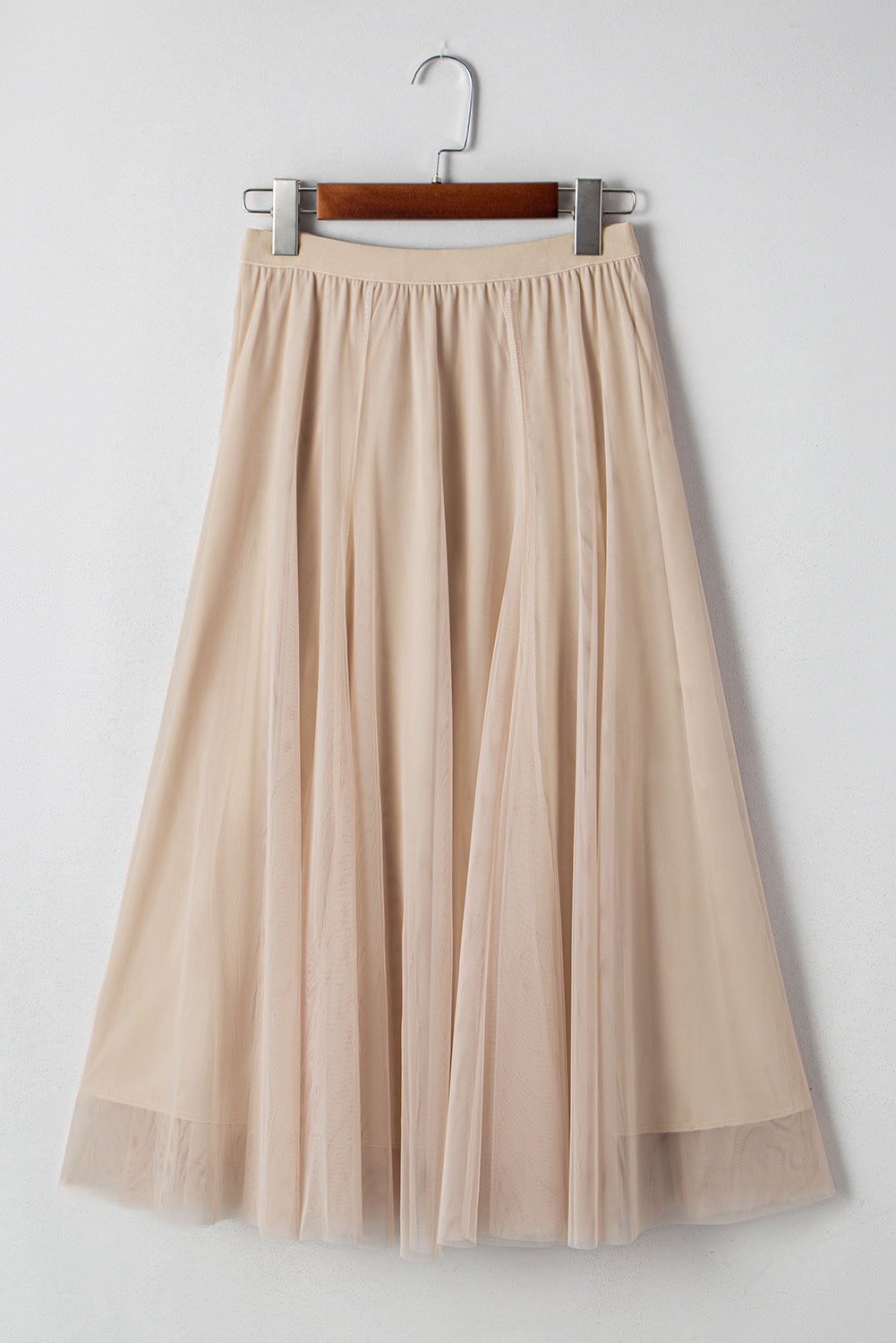 Solid Tulle Mesh Overlay Flared Midi Skirt