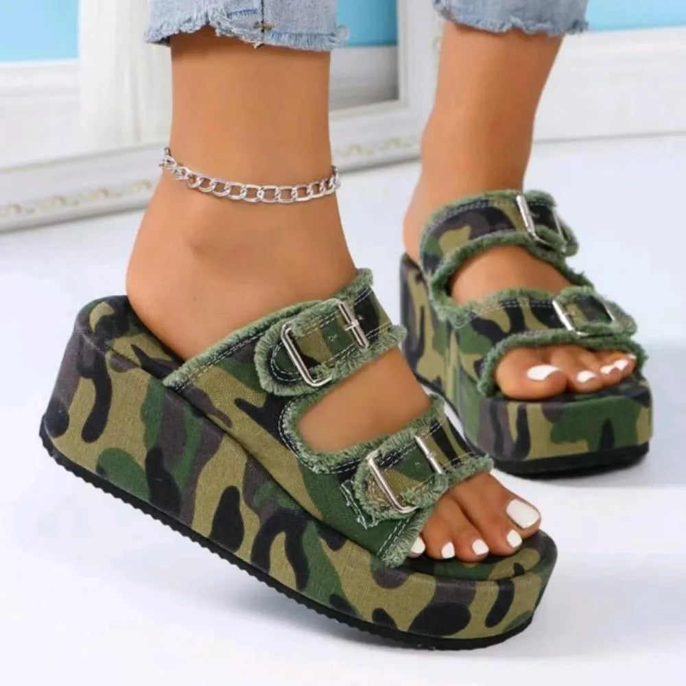 Raw Hem Wedge Buckle Sandals