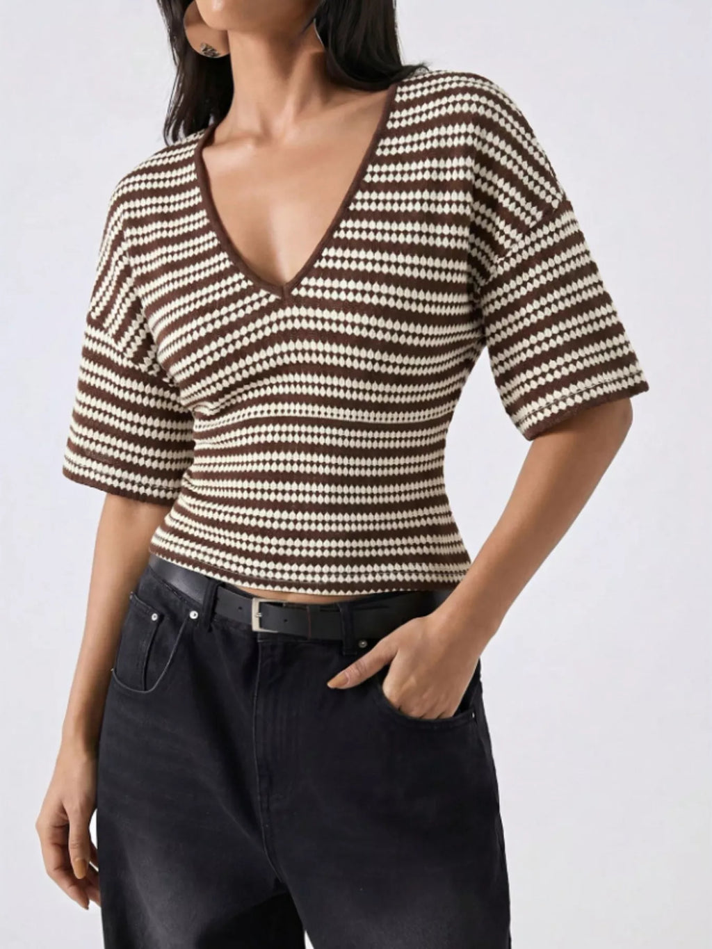 Striped V-Neck Knit Top