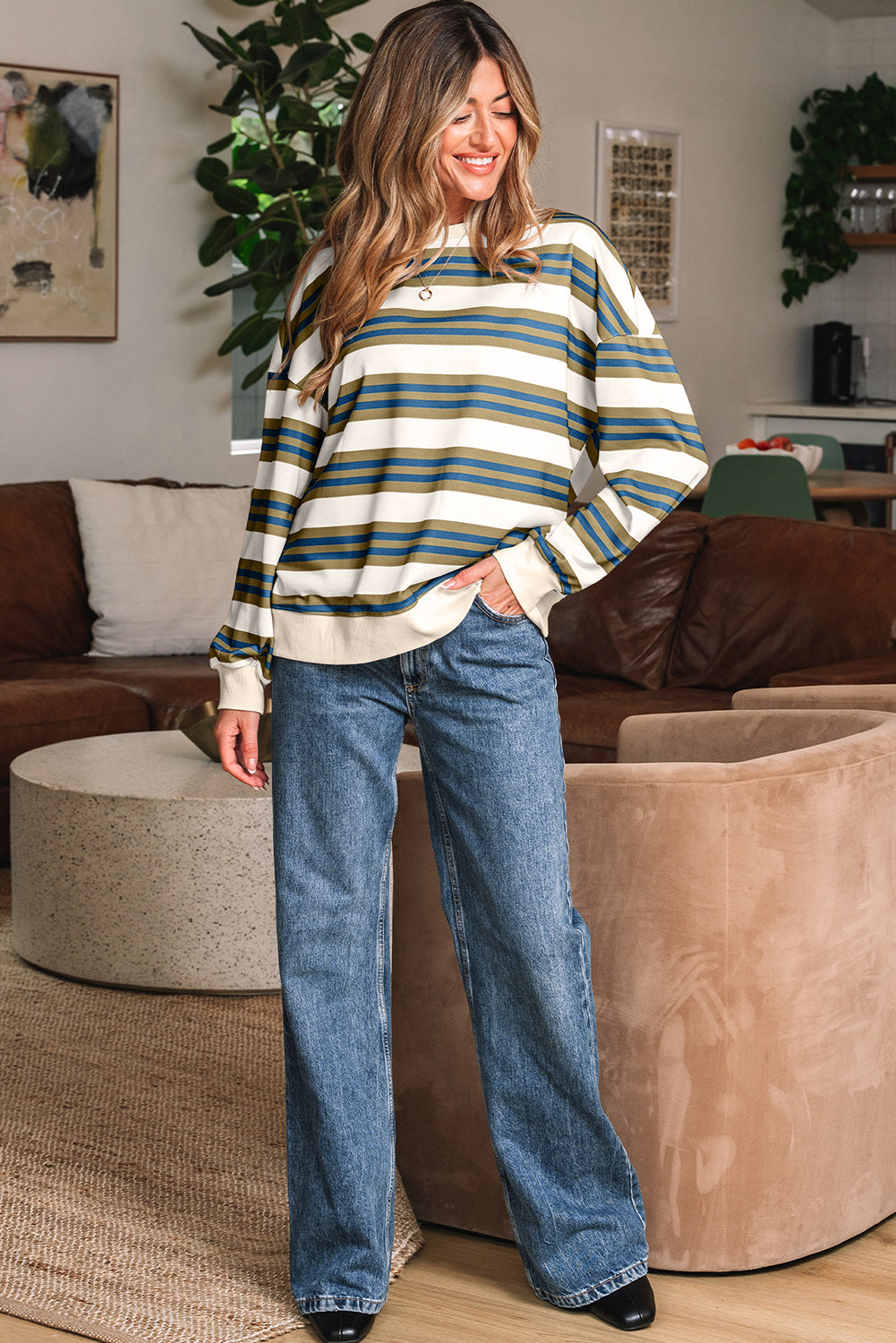 Khaki Stripe Crew Neck Drop Shoulder Pullover Sweatshirt