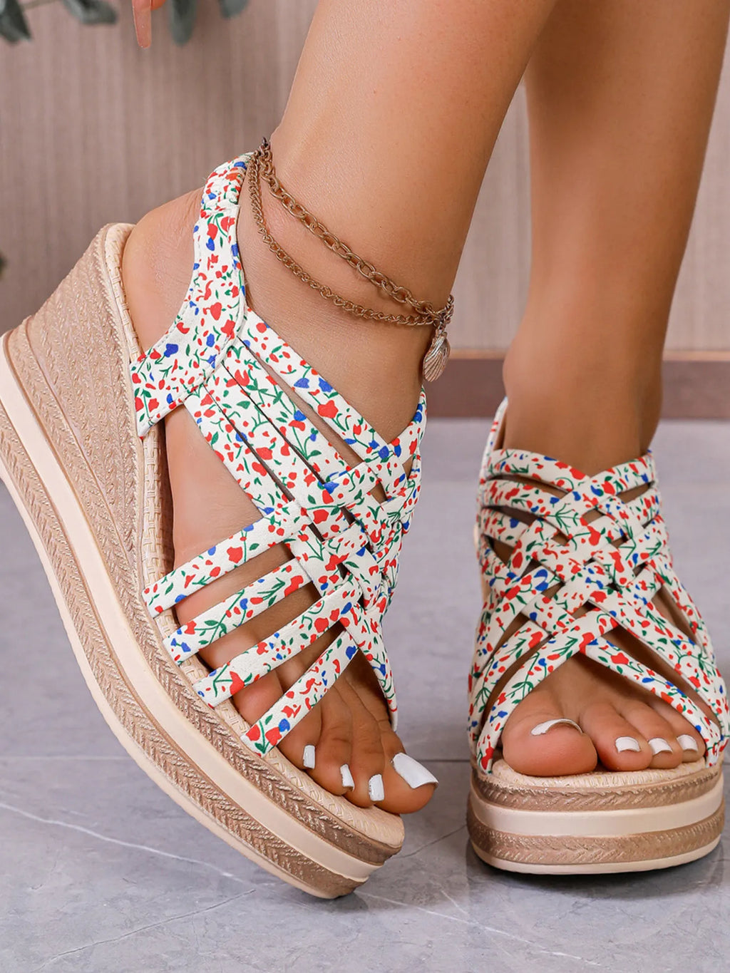 Open Toe Floral Print Strappy Platform Wedge Sandals