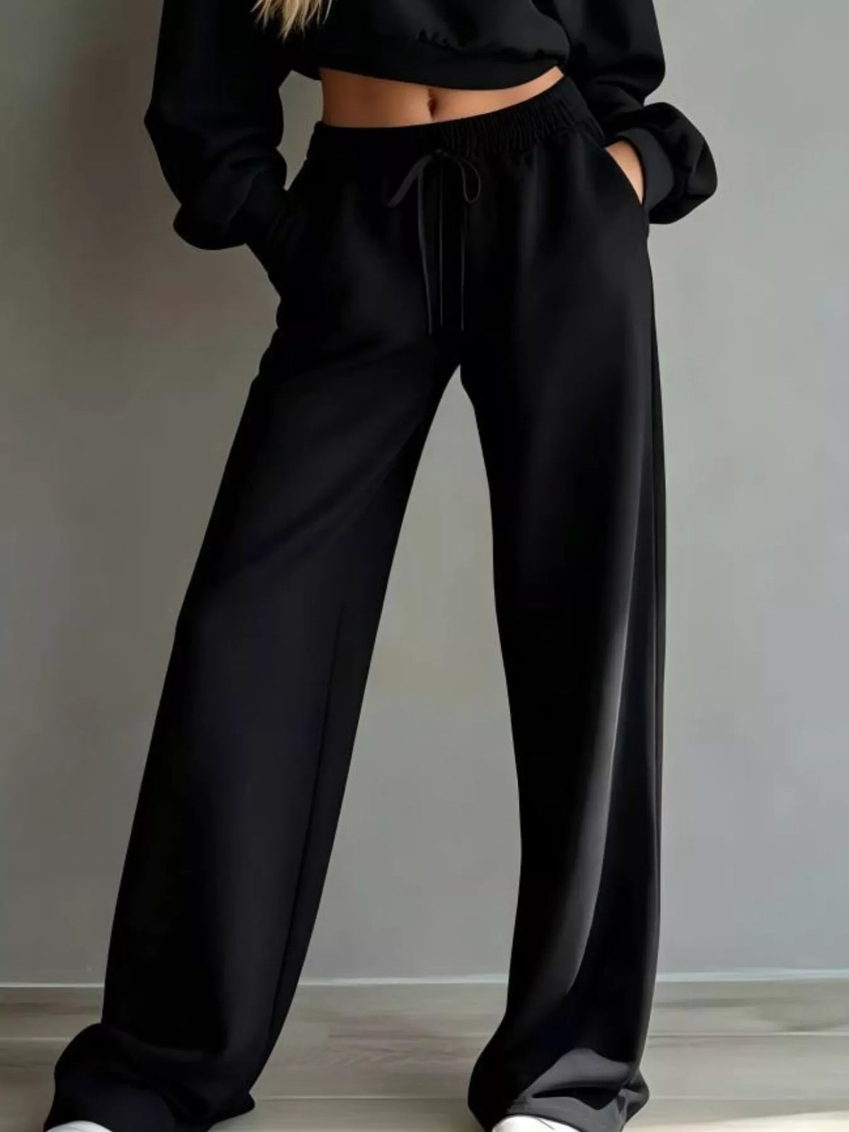 Round Neck Cropped Sweatshirt and Wide-Leg Pants
