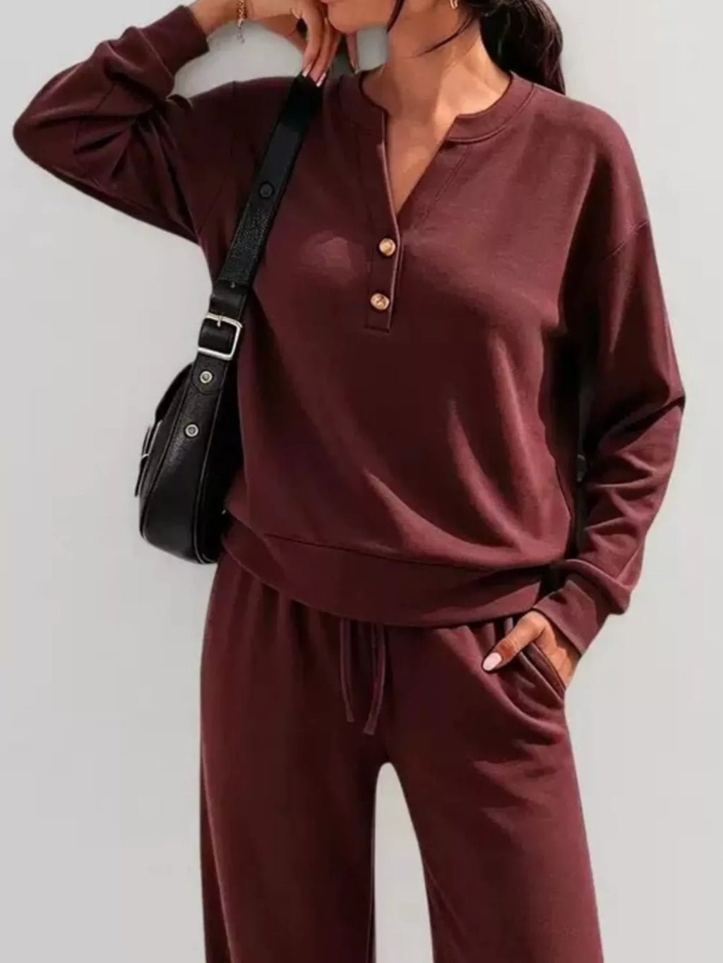Button Detail Dropped Shoulder Top and Pants Set