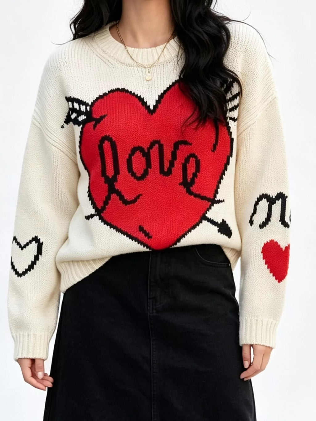 Heart Round Neck Ribbed Sweater