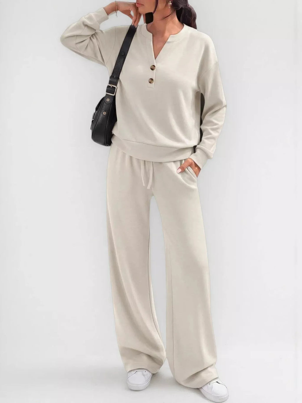 Button Detail Dropped Shoulder Top and Pants Set