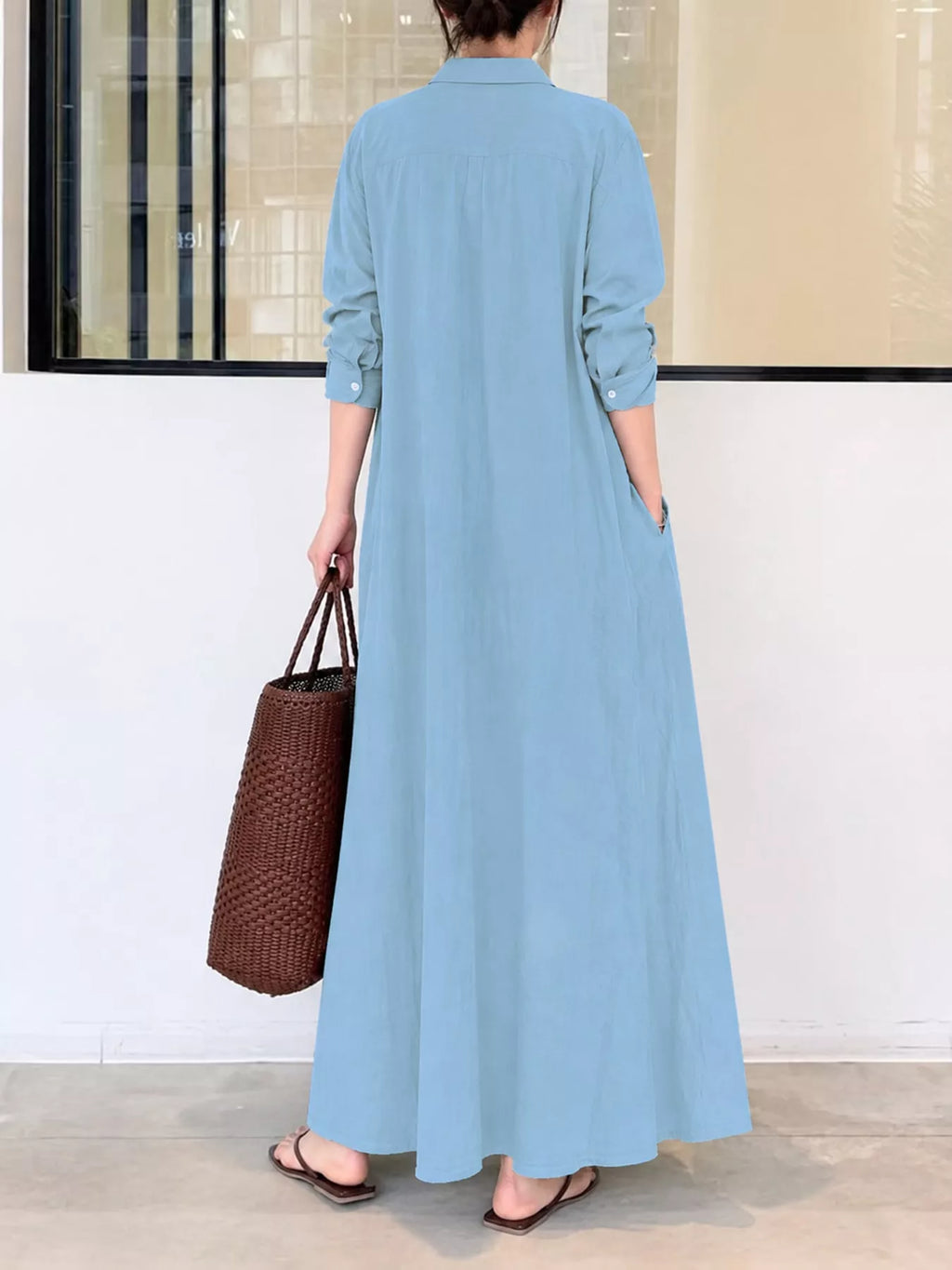 Full Size Button Front Long Sleeve Maxi Shirt Dress Plus Size