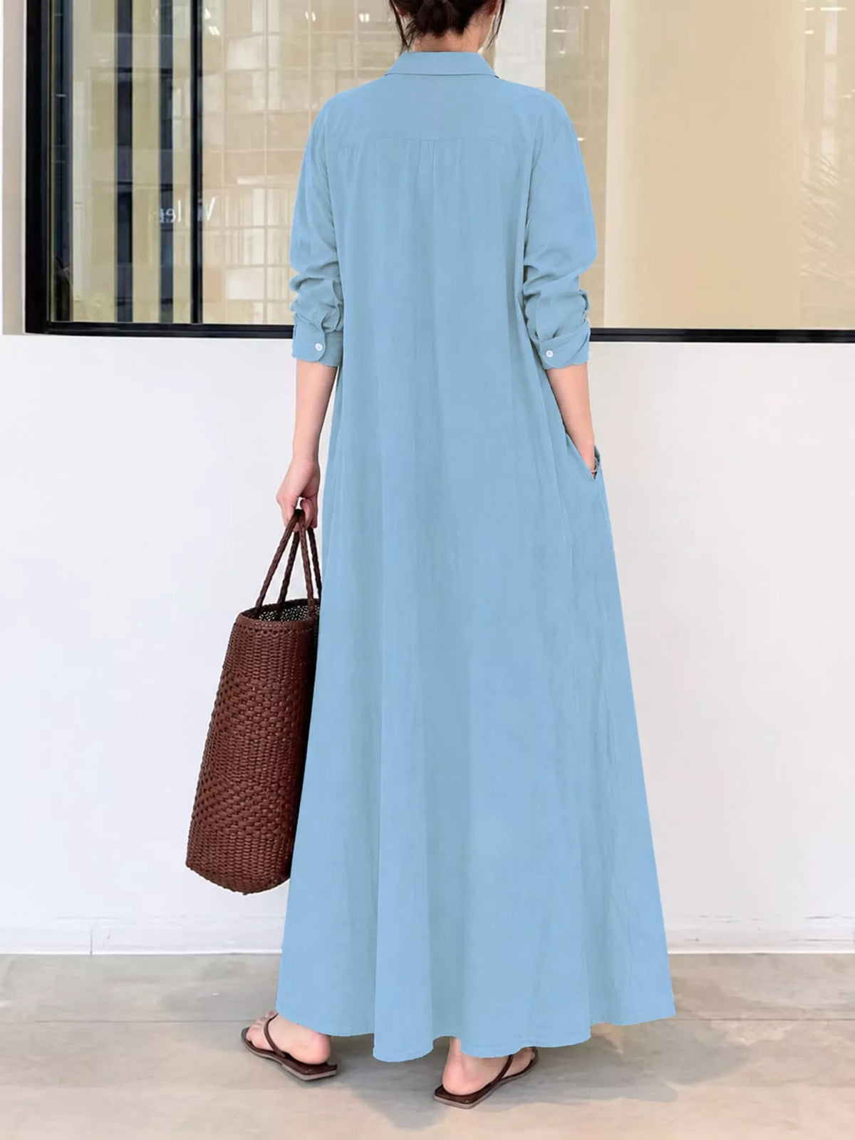 Full Size Button Front Long Sleeve Maxi Shirt Dress Plus Size
