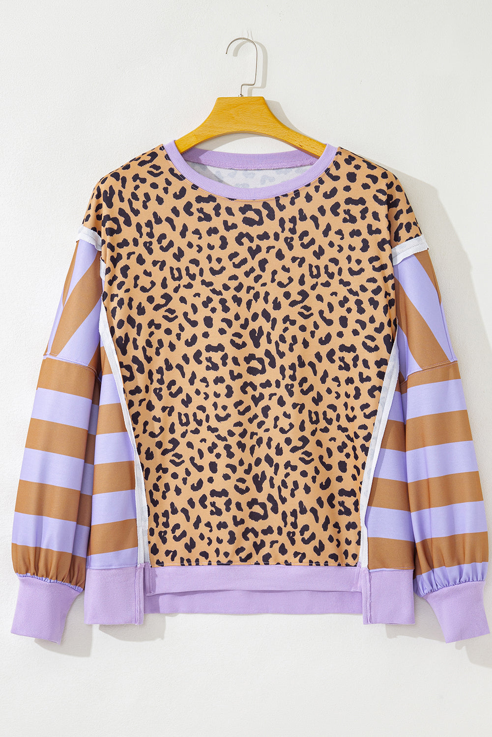 Plus Size Leopard Stripe Patchwork Side Slit Sweatshirt