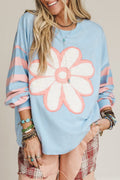 Beau Blue Big Flower Patch Drop Shoulder Striped Long Sleeve Top